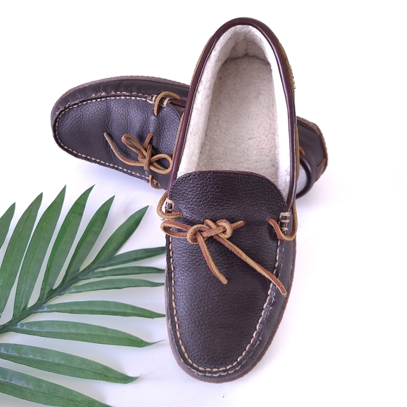 LL Bean Handsewn Leather Slippers Fleece Lined 11